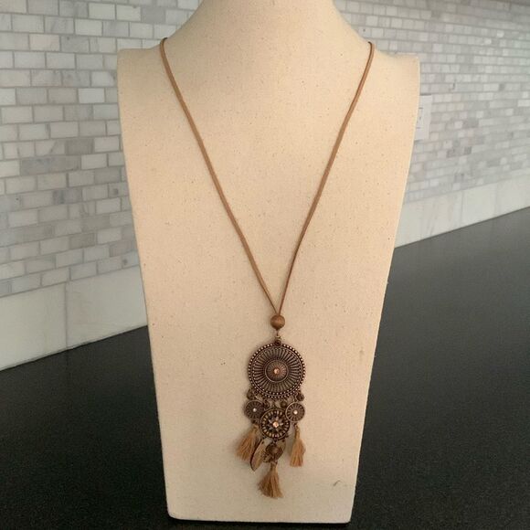 Sahara Medallion Tassel Pendant Necklace – Bronze Tone with Faux Suede Cord - Picture 3 of 10